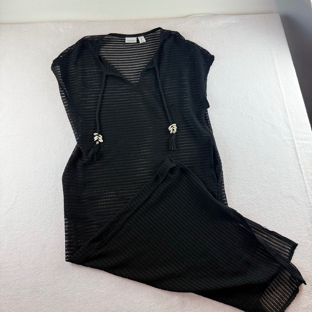 Haute Hippie Style Black Mesh Maxi Dress Cover Up Tassel Shell Detail Large